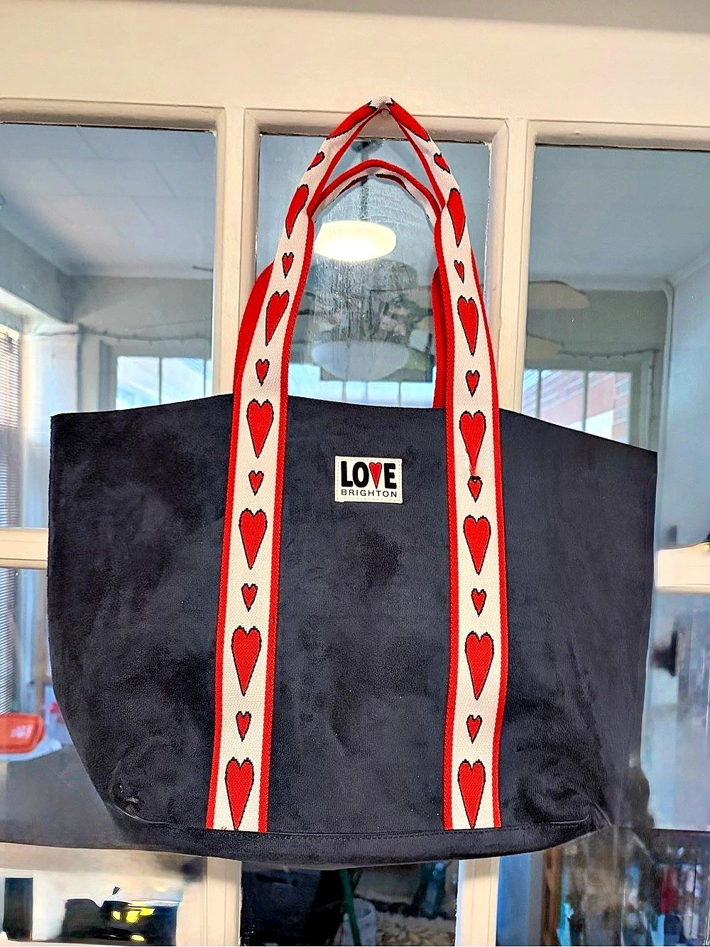 Brighton Velveteen Love Tote in navy & Red